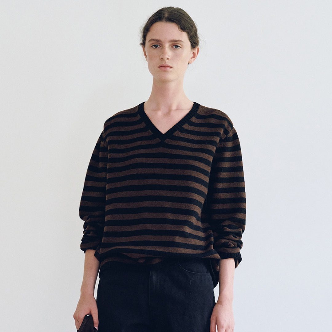 Damen V-Ausschnitt Pullover mit Streifenmuster Drune