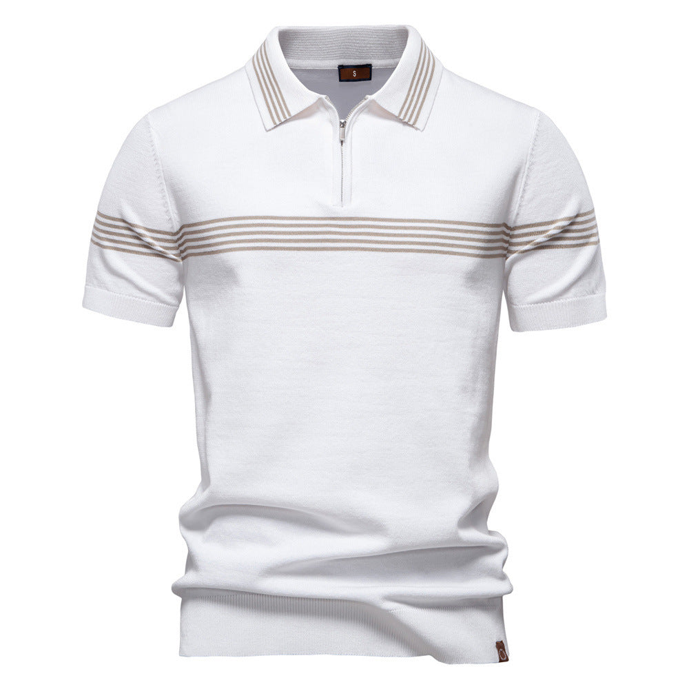 Herren nan edles Feinstrick-Poloshirt mit kurzem Metallreißverschluss, Bündchenärmeln und kontrastierten Streifenbändern Drune