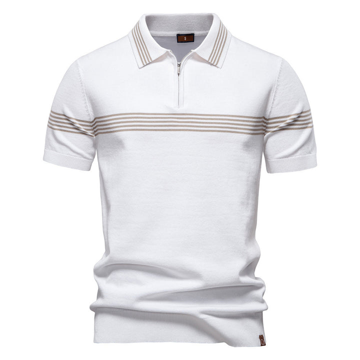 Herren nan edles Feinstrick-Poloshirt mit kurzem Metallreißverschluss, Bündchenärmeln und kontrastierten Streifenbändern Drune