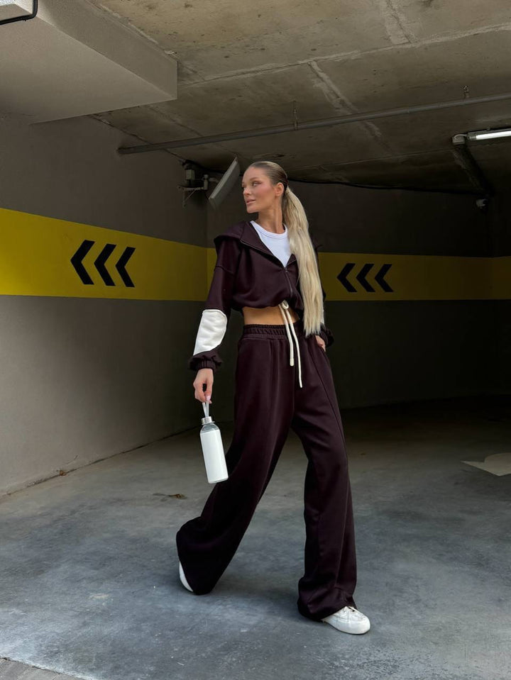 Damen sportliches Set mit cropped Oberteil und weitem Hosen Drune