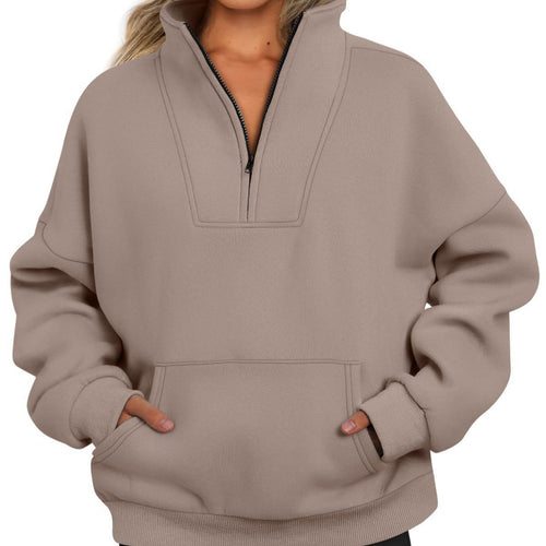 Damen nan oversized Halbzip-Hoodie mit hohem Stehkragen, Kängurutasche und gerippten Bündchen Drune
