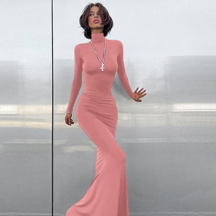 Damen Elegantes Maxikleid mit hochgeschlossenem Hals und figurbetontem Schnitt Drune