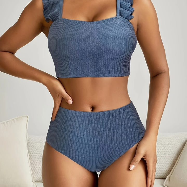 Damen Hochgeschnittenes Badeoberteil mit Rüschendetails und passendem Bikini-Unterteil Drune