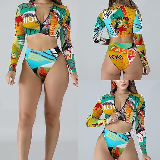 Damen Surf-Bikini-Set mit langärmeligem Oberteil und modischem Reißverschluss Drune