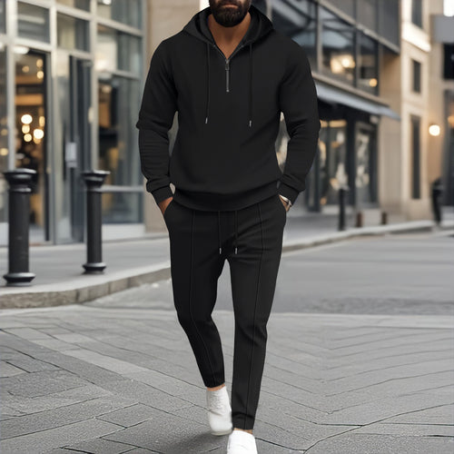 Herren nan strukturiertes Halbzip-Kapuzenloungewear-Set mit tapered Jogpants und Kordelzug Drune