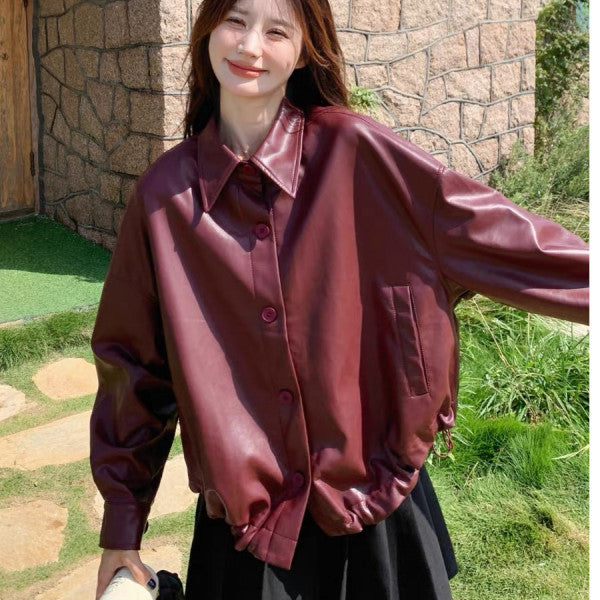 Damen Oversized Kunstlederjacke mit praktischen Taschen und Button-Down-Verschluss Drune