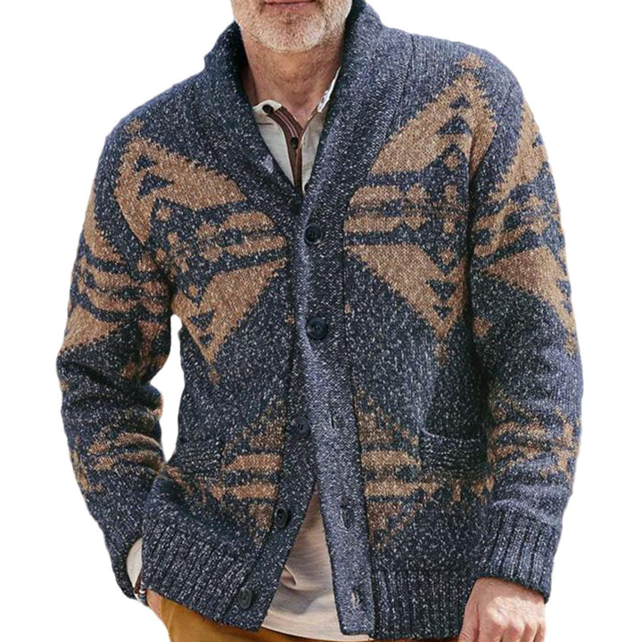 Herren Strickjacke mit einzigartigem geometrischen Muster und tiefem Kragen Drune