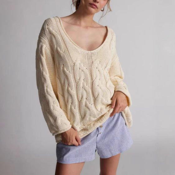 Damen Strickpullover mit innovativem Zopfmuster und weitem Ausschnitt Drune