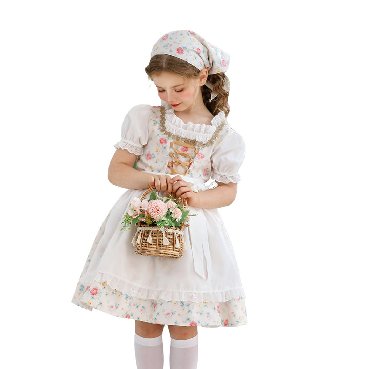 Damen nan traditionelles Dirndlkleid für Mädchen mit bestickter Schürze, Rüschenkragen und passendem Kopftuch Drune