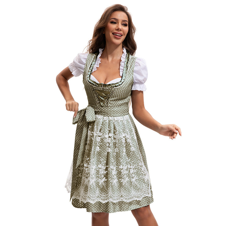 Damen nan kurzes traditionelles Dirndlkleid mit Spitzen-Schürze, geschnürter Taille und Puffärmeln Drune