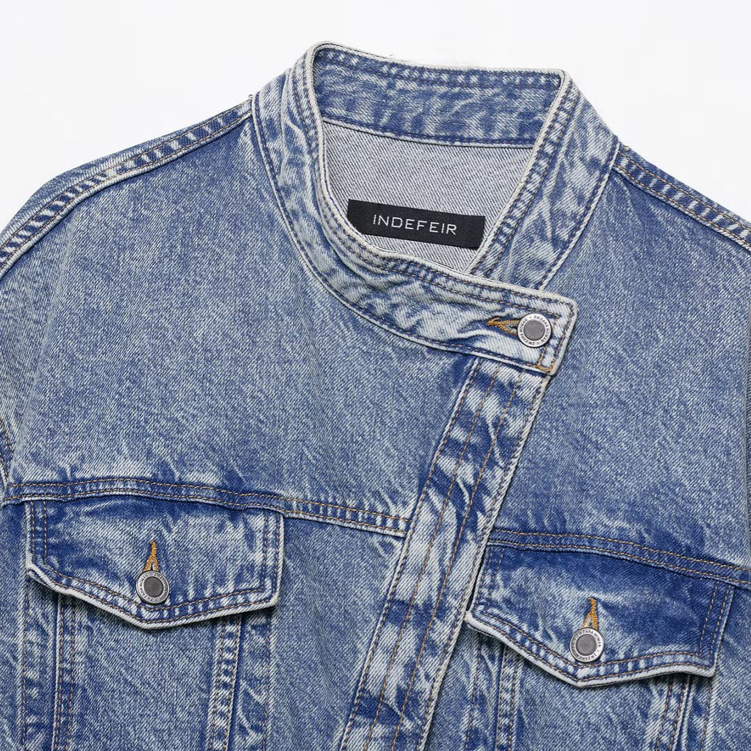 Damen lässige Jeansjacke mit abnehmbaren Taschen Drune