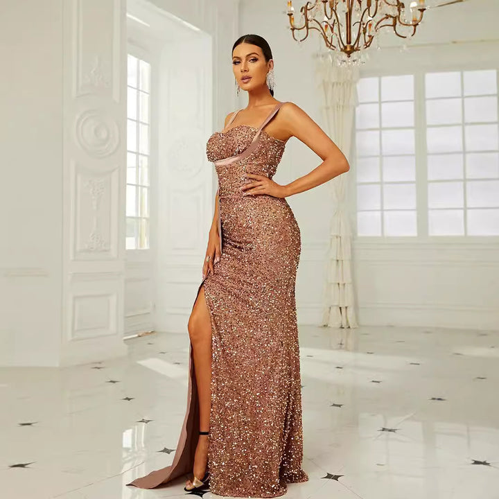 Damen Glamouröses Abendkleid mit tiefem Schlitz und Paillettenverzierung Drune