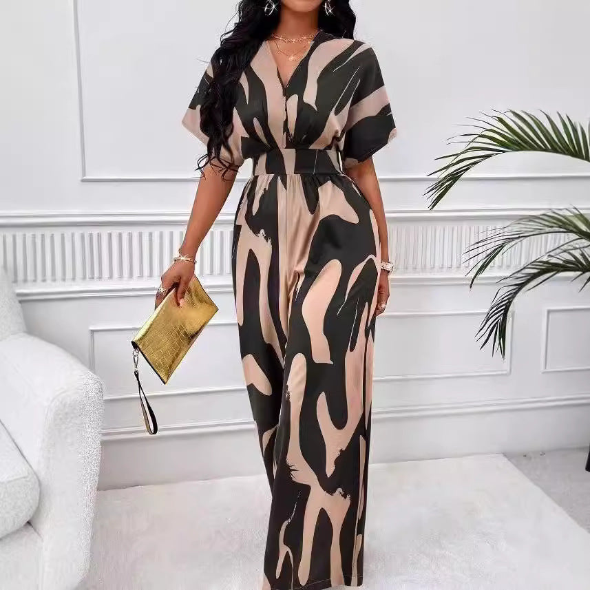 Damen Eleganter Jumpsuit mit großflächigem Muster und V-Ausschnitt Drune