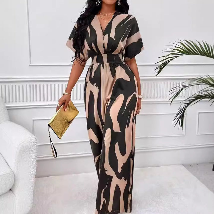 Damen Eleganter Jumpsuit mit großflächigem Muster und V-Ausschnitt Drune
