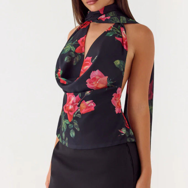 Damen Elegantes Chiffon-Top mit floralem Halsband und tiefem Ausschnitt Drune