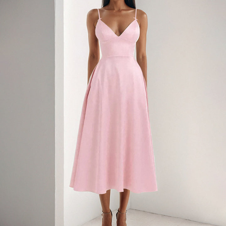 Damen Sommermaxikleid mit elegantem V-Ausschnitt und fließendem Rock Drune
