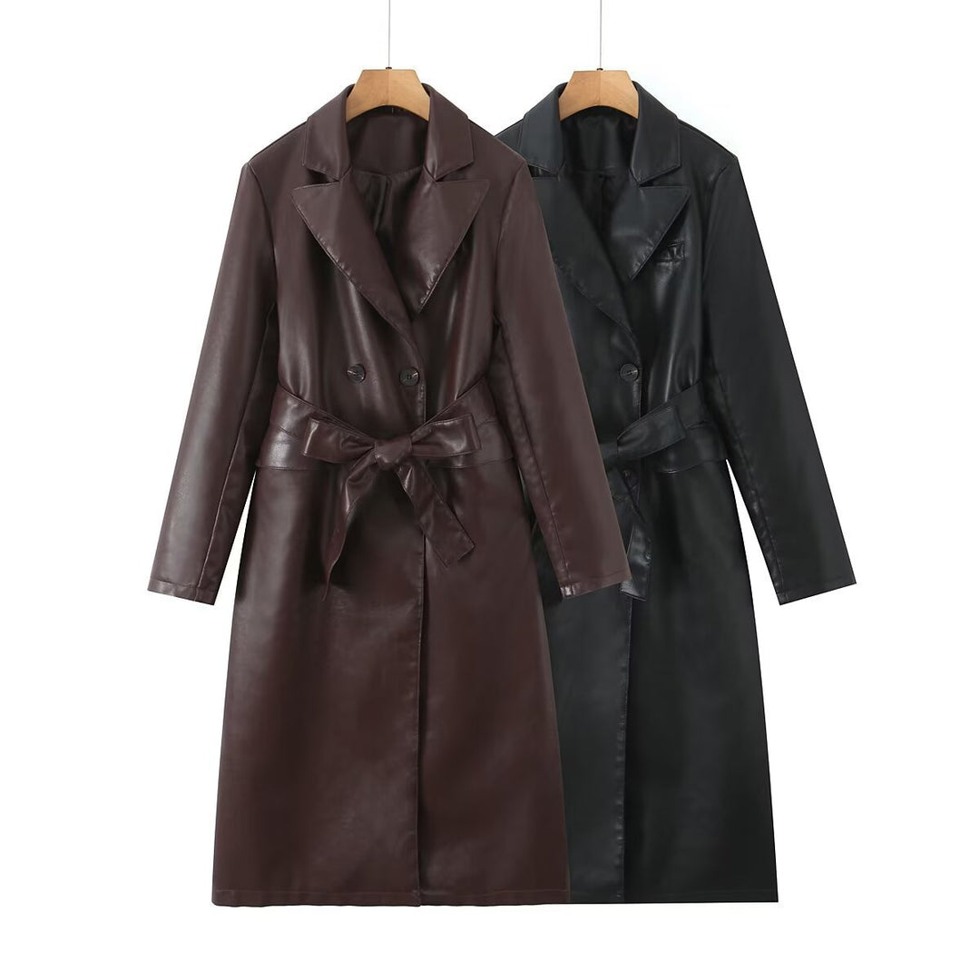 Damen Kunstleder Trenchcoat mit Taillengürtel und eleganter Taschennaht Drune