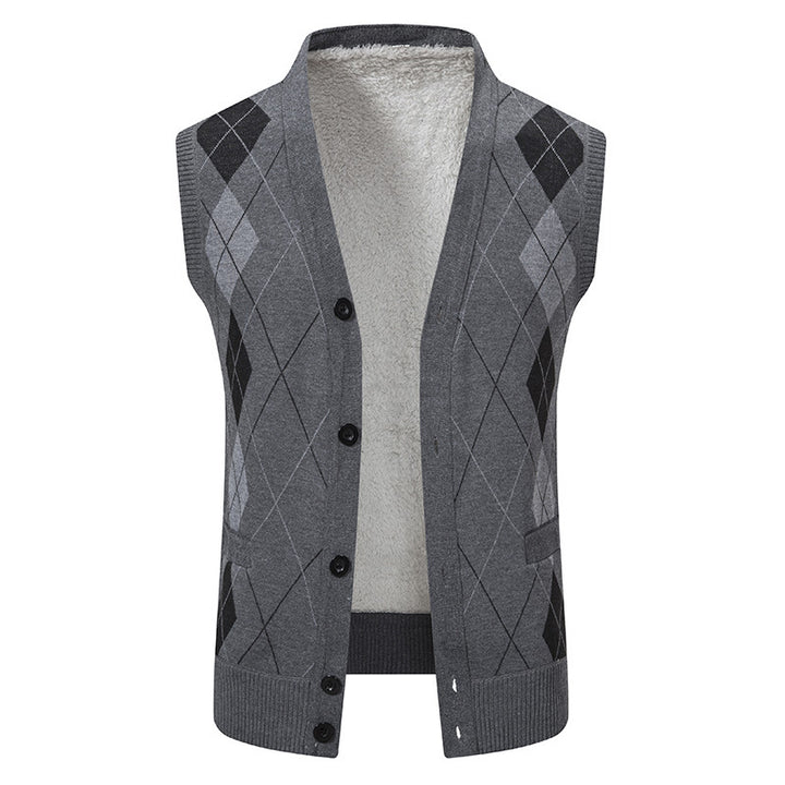 Herren nan ärmellose Strickweste mit Argyle-Muster, Teddyfutter und durchgehender Knopfleiste Drune