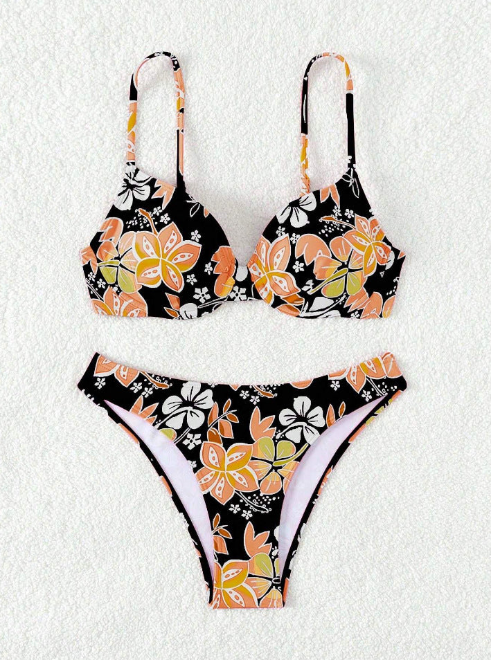 Damen gepolsterter Triangel-Bikini mit floralem Design und verstellbaren Trägern Drune
