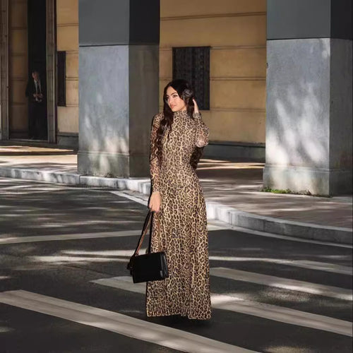 Damen Maxi-Kleid aus leichtem Stoff mit Leopardenmuster und hoher Passform Drune