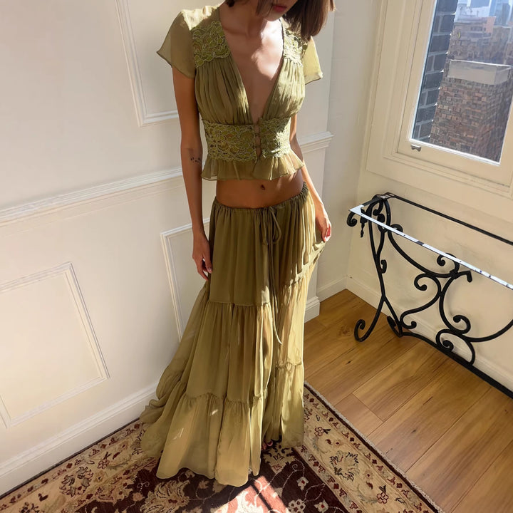 Damen Luftiges Maxikleid mit eleganten Rüschen und transparenter Optik Drune
