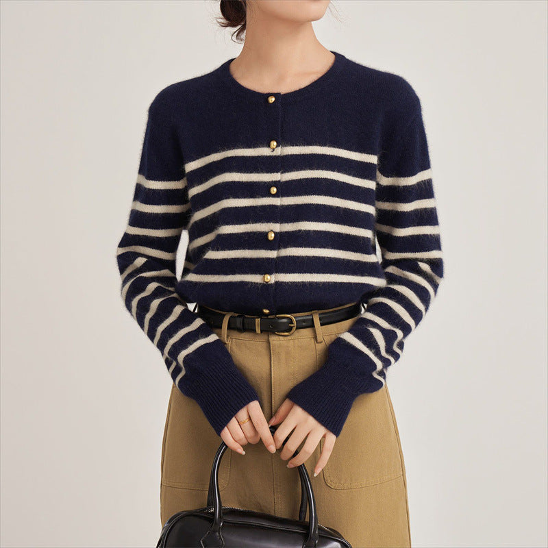 Damen gestreifte Strickjacke aus feinem Material mit goldenen Knöpfen Drune