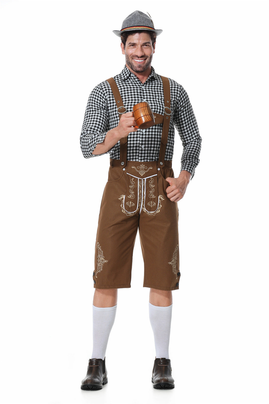 Herren nan authentische Trachtenlederhose kurz mit verstellbaren Trägern und aufwendiger Stickerei Drune