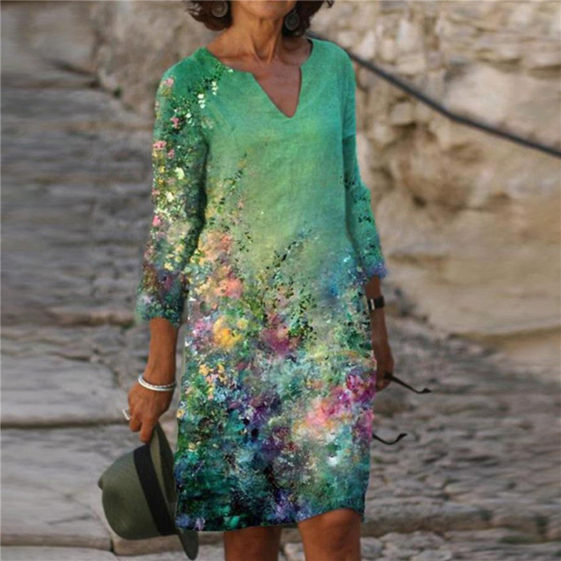 Damen Freizeitkleid mit floralem Design und V-Ausschnitt Drune