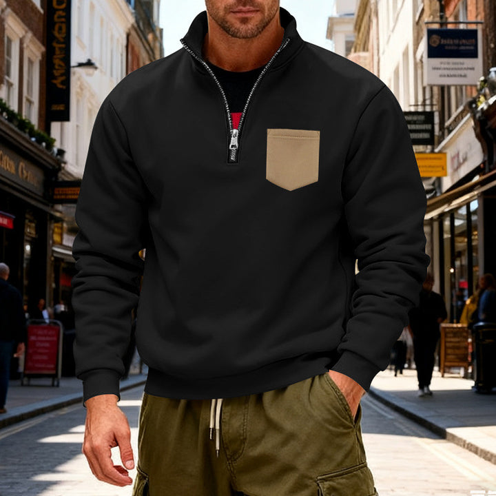 Herren modischer Sweatshirt mit halbem Reißverschluss und aufgesetzter Tasche Drune