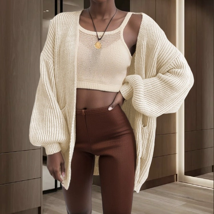 Damen Großer Strickjacke mit voluminösen Ärmeln und praktischen Taschen Drune