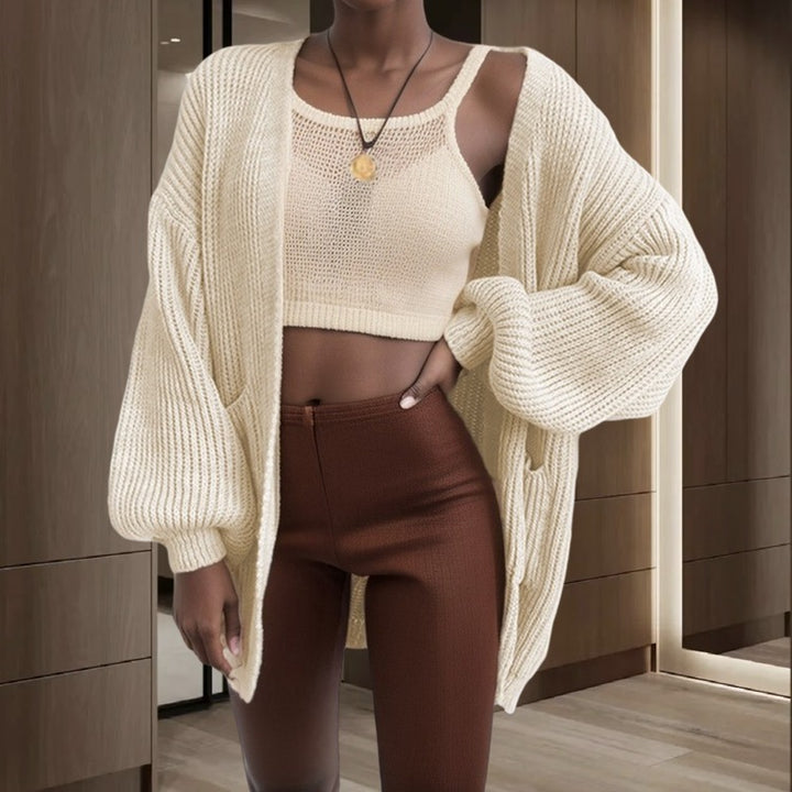 Damen Großer Strickjacke mit voluminösen Ärmeln und praktischen Taschen Drune
