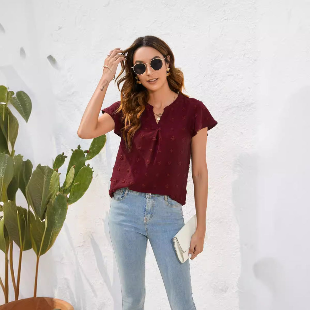 Damen Leichtes Kurzarmblusenshirt mit strukturiertem Material und eleganten Details Drune