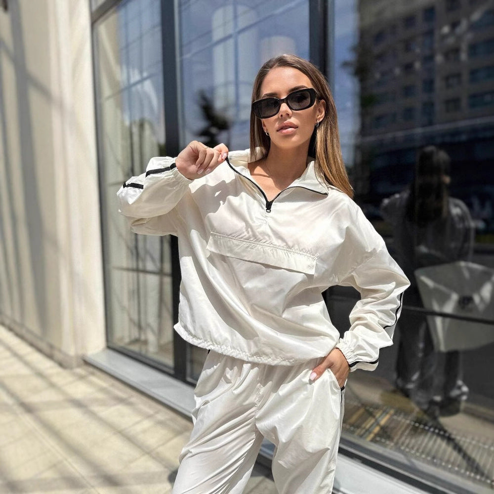 Damen sportlicher Windbreaker-Anzug mit hohem Kragen und elastischem Bund Drune