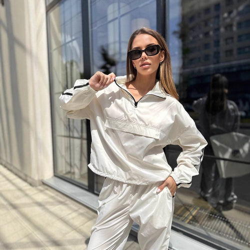 Damen sportlicher Windbreaker-Anzug mit hohem Kragen und elastischem Bund Drune