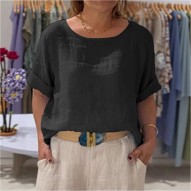 Damen lässige Leinenbluse mit umschlagbaren Ärmeln und weitem Schnitt Drune