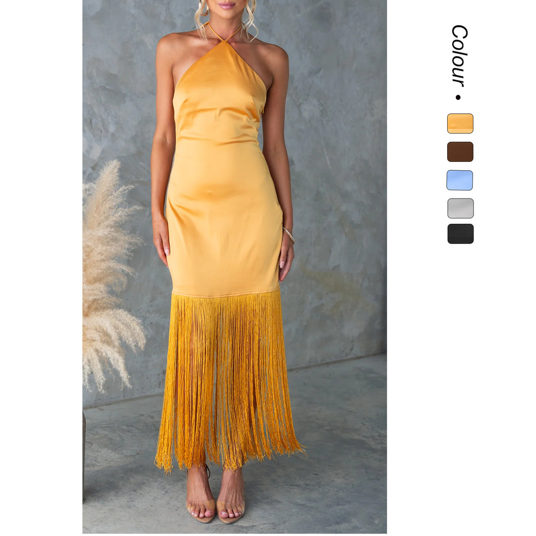 Damen Langärmeliges Fransenmaxikleid mit Rückenausschnitt und eleganter Passform Drune