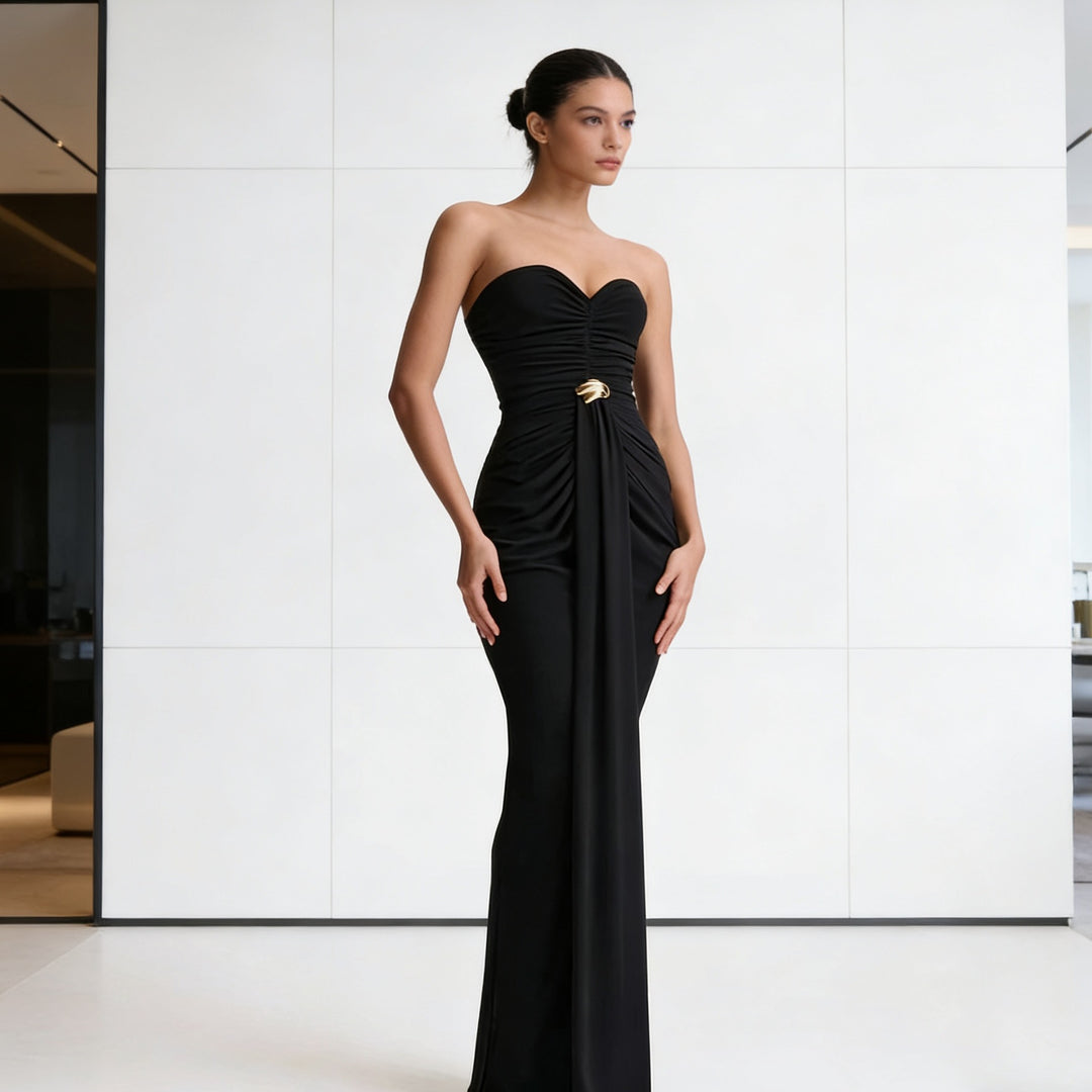 Damen Elegantes Drapeekleid mit schulterfreiem Design und kunstvollem Bund Drune
