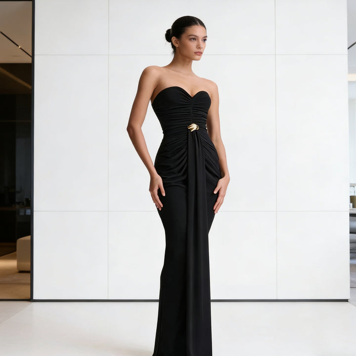 Damen Elegantes Drapeekleid mit schulterfreiem Design und kunstvollem Bund Drune