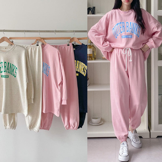 Damen lässiges Sweatshirt- und Jogginghose-Set mit eingesticktem Logo Drune