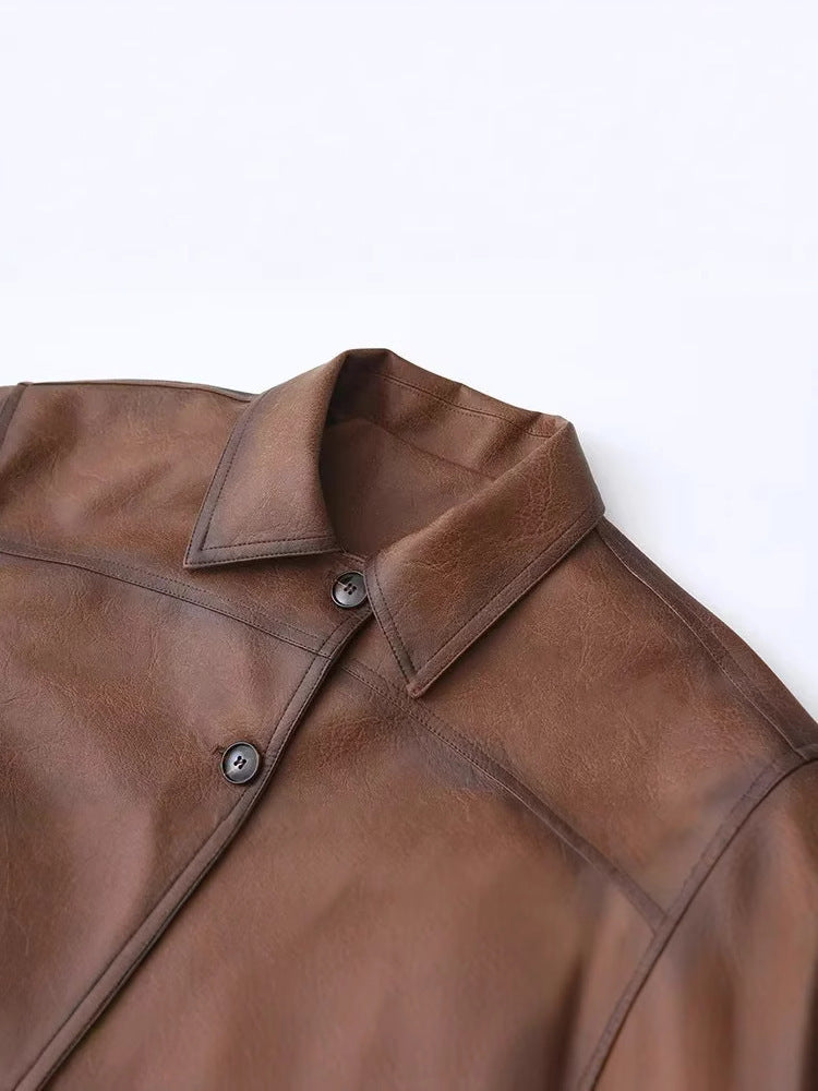 Damen cropped Lederjacke mit praktischen Brusttaschen und Knopfdetails Drune