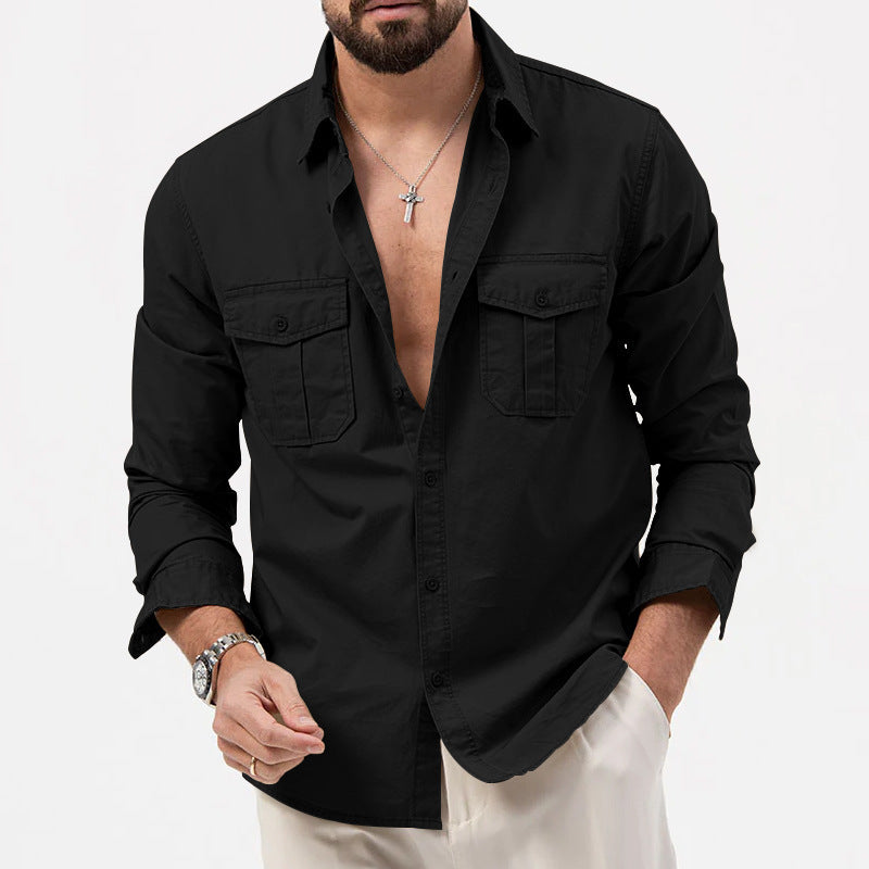 Herren nan legeres Baumwoll-Twill-Hemd mit aufgesetzten Brustklappen und Kentkragen Drune
