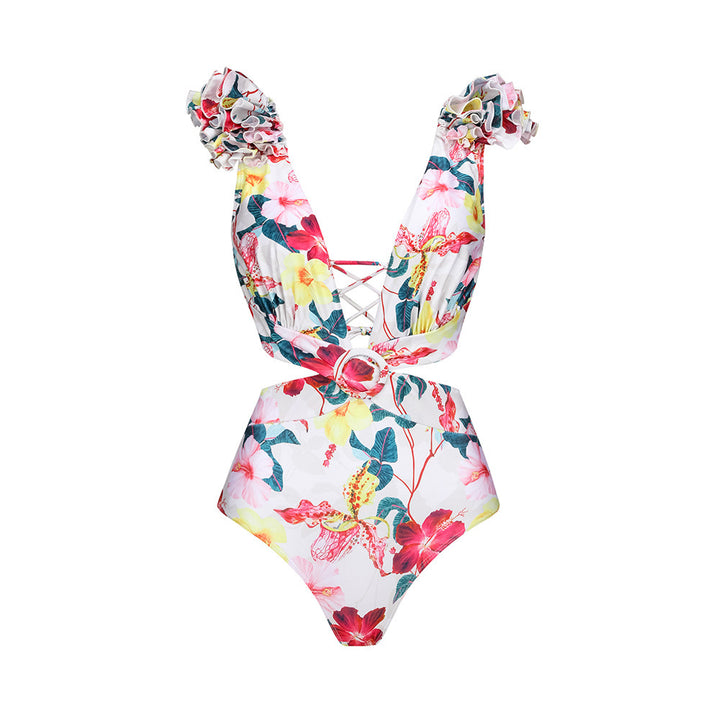 Damen eleganter Floral Badeanzug mit gewelltem Schulterdesign Drune