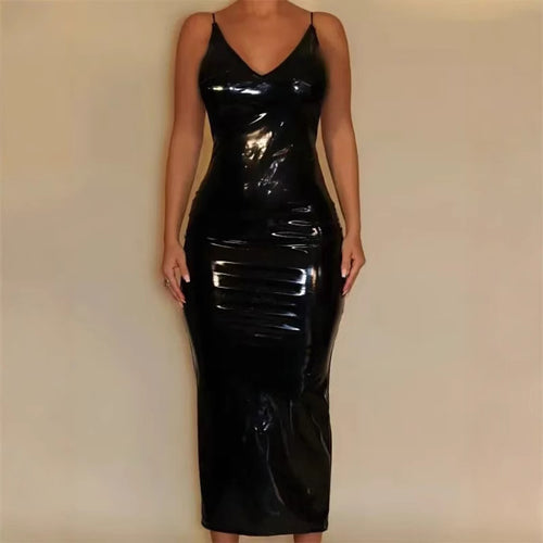 Damen Figurbetontes Lackkleid mit V-Ausschnitt und schulterfreien Trägern Drune
