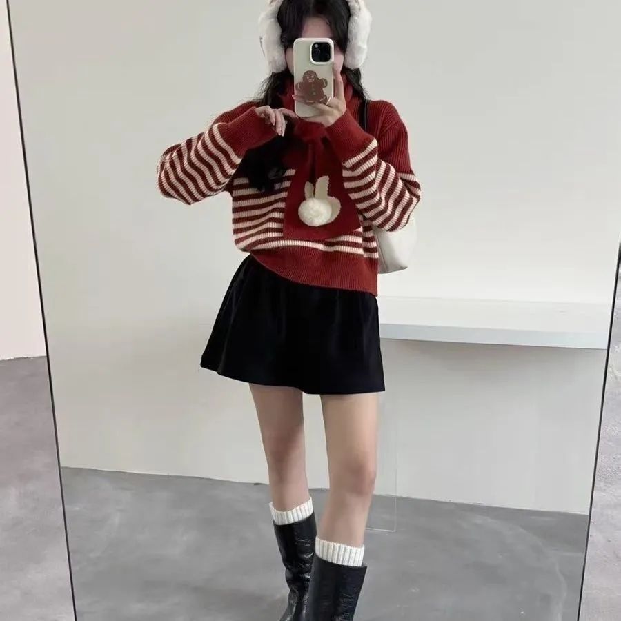 Damen gemütlicher Strickpullover mit hohem Kragen und auffälligen Streifen Drune