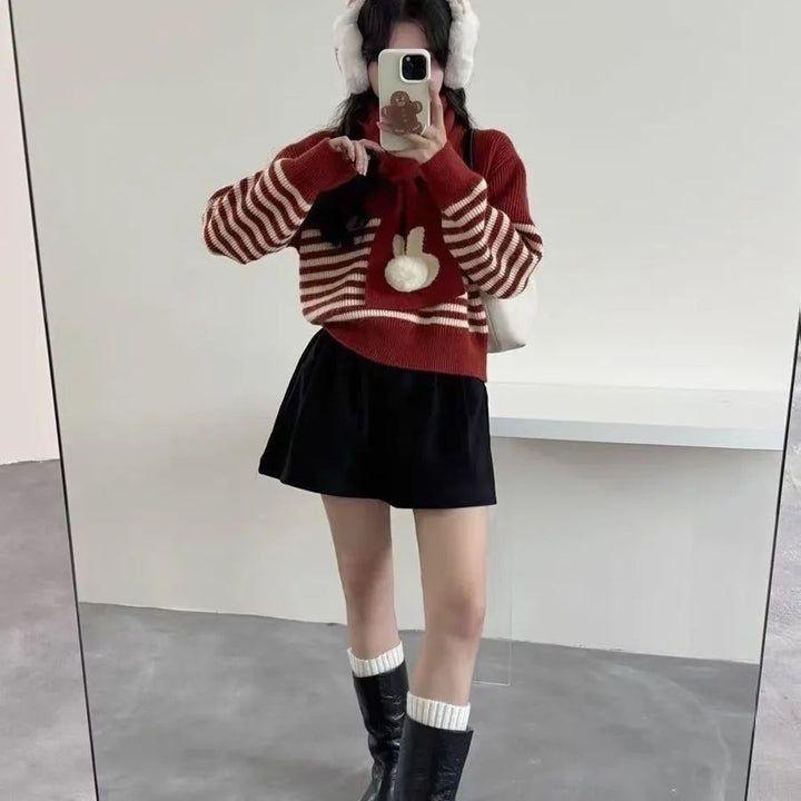 Damen gemütlicher Strickpullover mit hohem Kragen und auffälligen Streifen Drune