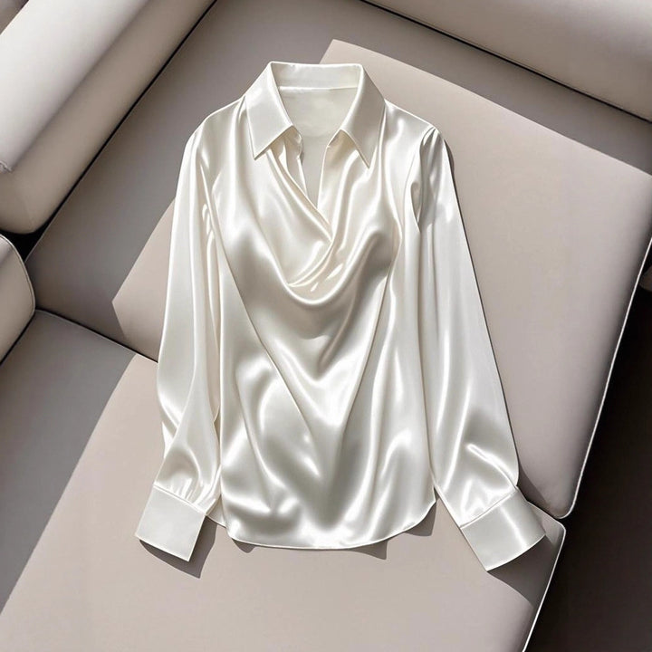 Damen Seidene Bluse mit schickem Wasserfall-Ausschnitt und lange Ärmel Drune