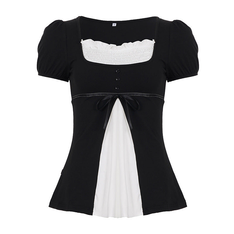 Damen Elegantes Kurzarm-Oberteil mit Plissee und Dekoband Drune