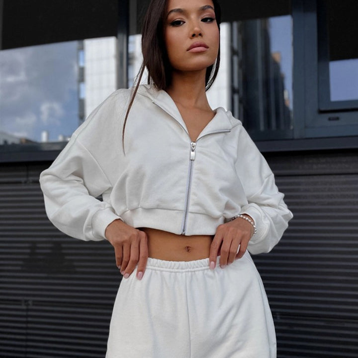 Damen lässiger Hoodie und Shorts-Set mit elastischem Bund und Vorderreißverschluss Drune