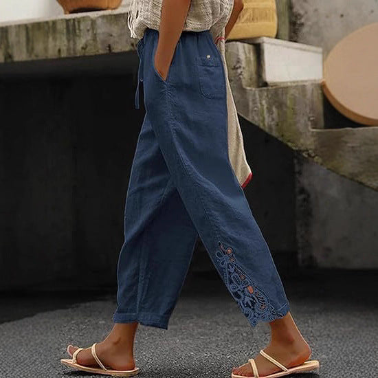 Damen luftige Leinenhose mit dekorativen Stickereien Drune