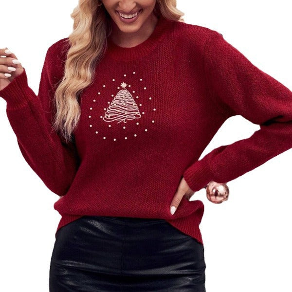 Damen festlicher Strickpullover mit Tannenbaum-Motiv und weich gefüttertem Innenfutter Drune